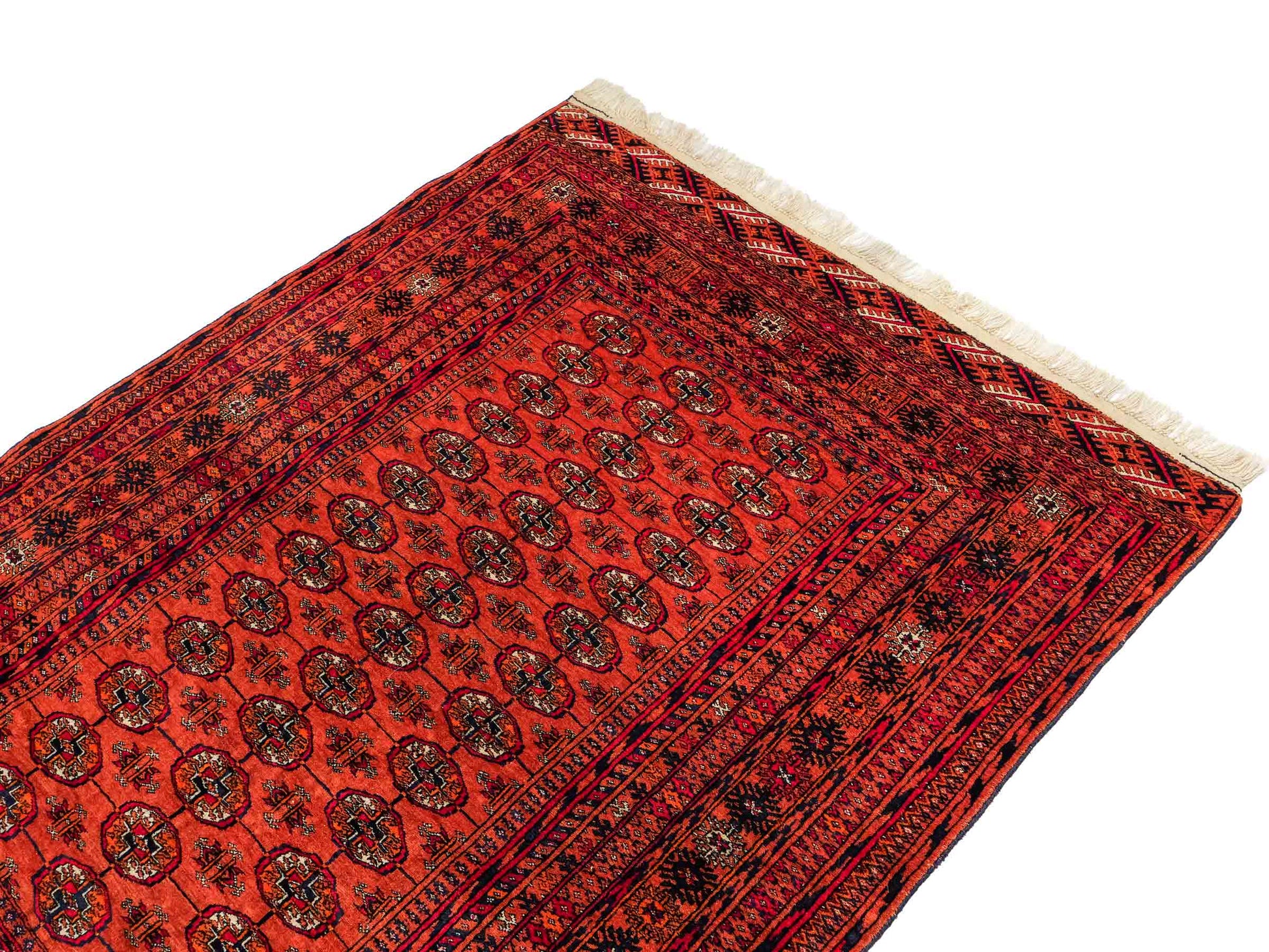 Feiner, handgeknüpfter Afghan Mauri Wollteppich von Khademi. Größe: 174 x 126 cm. Farbe: Orange, blau. Verkauf durch JUPITER Intl.