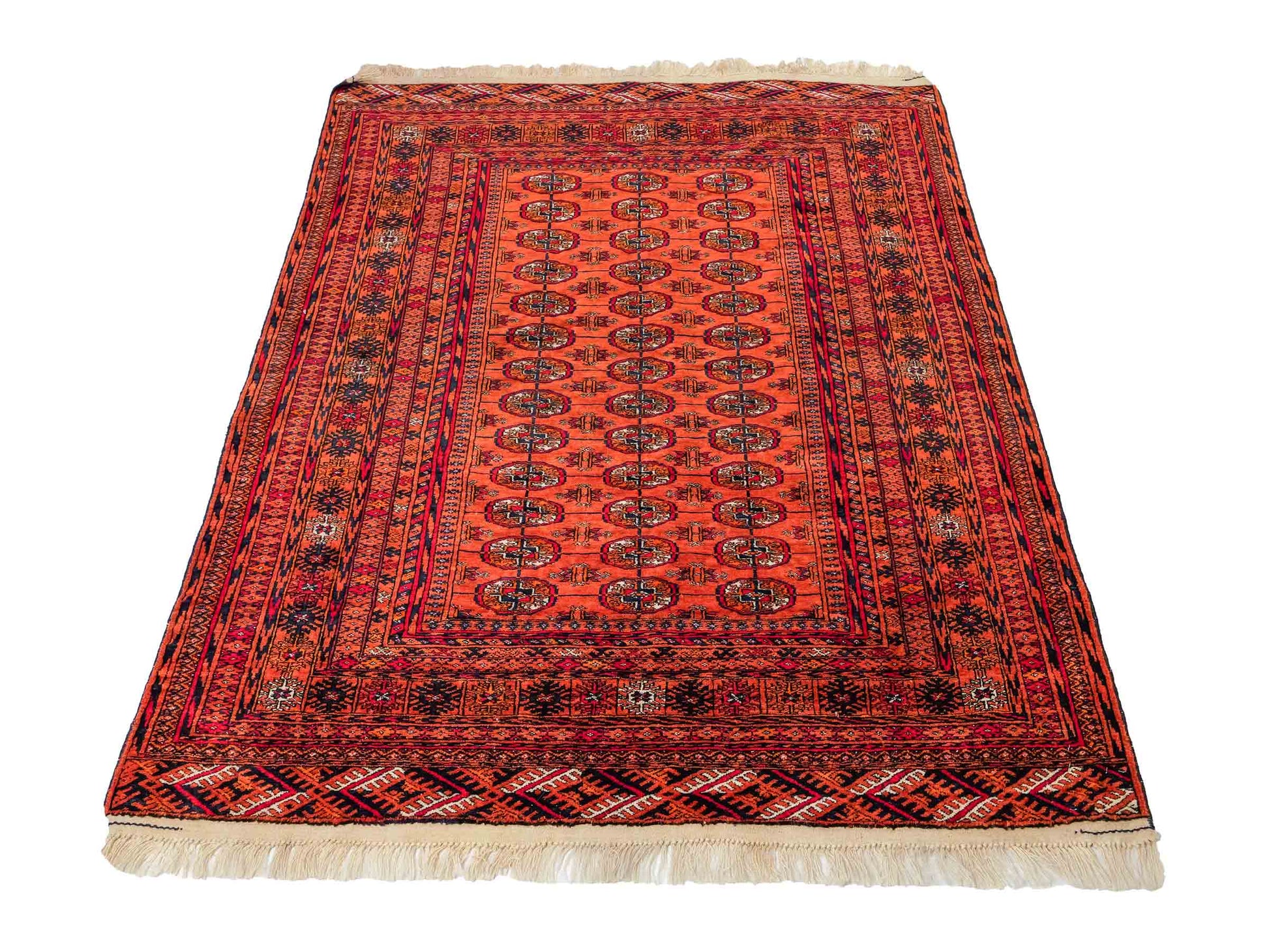 Feiner, handgeknüpfter Afghan Mauri Wollteppich von Khademi. Größe: 174 x 126 cm. Farbe: Orange, blau. Verkauf durch JUPITER Intl.