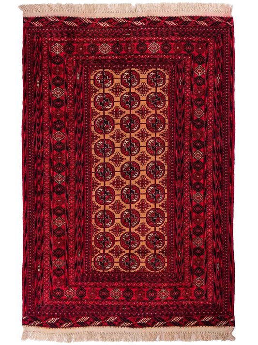 Feiner, handgeknüpfter Afghan Mauri Wollteppich von Khademi. Größe: 175 x 128 cm. Farbe: Rot, beige. Verkauf durch JUPITER Intl.