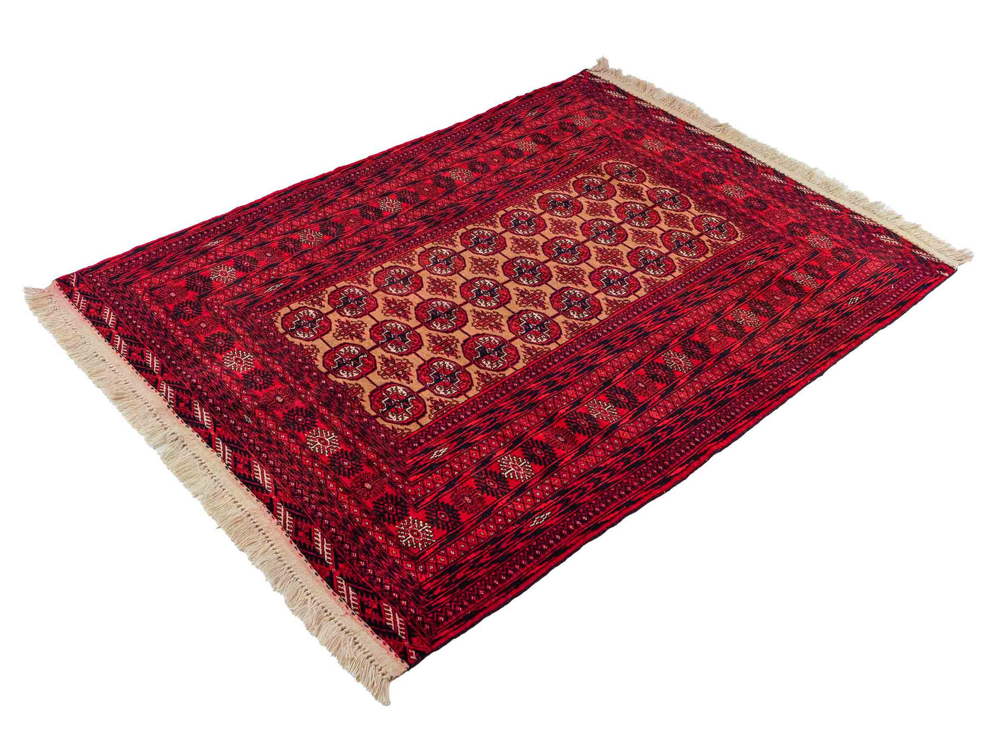 Feiner, handgeknüpfter Afghan Mauri Wollteppich von Khademi. Größe: 175 x 128 cm. Farbe: Rot, beige. Verkauf durch JUPITER Intl.
