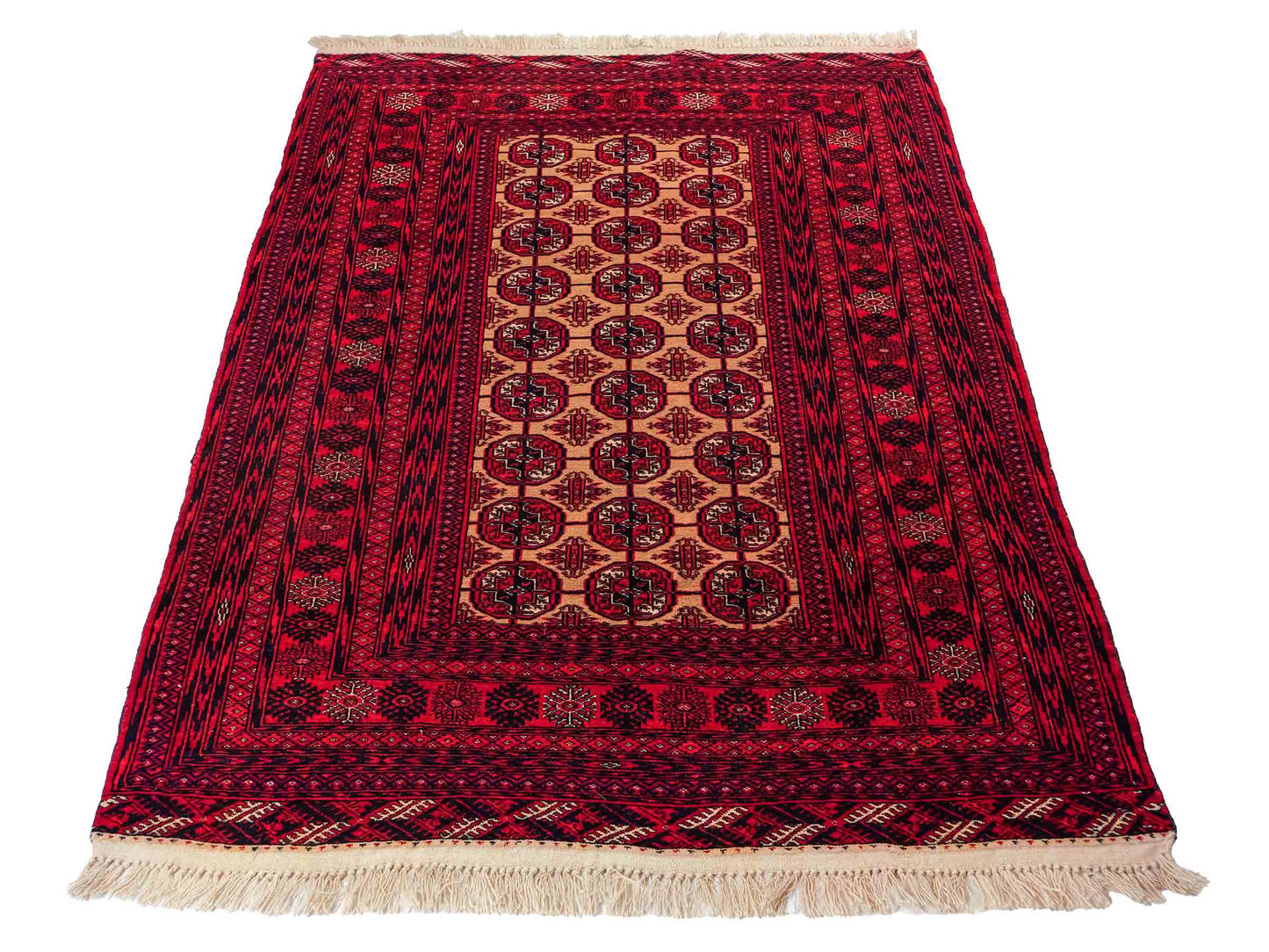 Feiner, handgeknüpfter Afghan Mauri Wollteppich von Khademi. Größe: 175 x 128 cm. Farbe: Rot, beige. Verkauf durch JUPITER Intl.