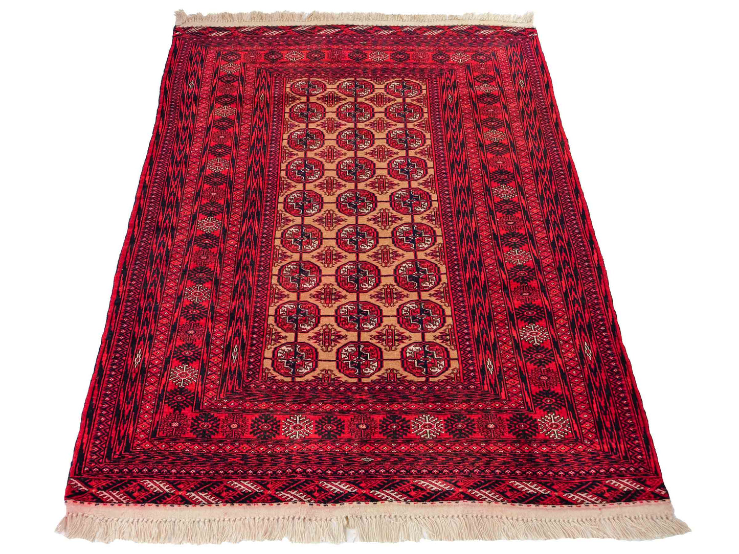 Feiner, handgeknüpfter Afghan Mauri Wollteppich von Khademi. Größe: 175 x 128 cm. Farbe: Rot, beige. Verkauf durch JUPITER Intl.