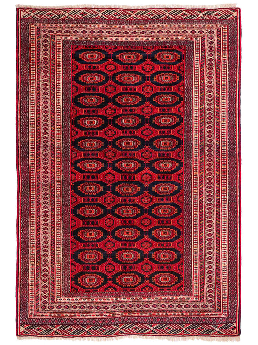 Feiner, handgeknüpfter Afghan Mauri Wollteppich von Khademi. Größe: 177 x 133 cm. Farbe: Rot, blau, cremeweiß. Verkauf durch JUPITER Intl.
