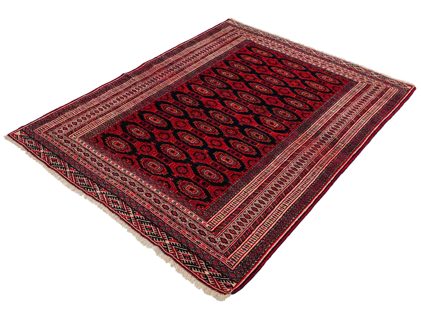 Feiner, handgeknüpfter Afghan Mauri Wollteppich von Khademi. Größe: 177 x 133 cm. Farbe: Rot, blau, cremeweiß. Verkauf durch JUPITER Intl.