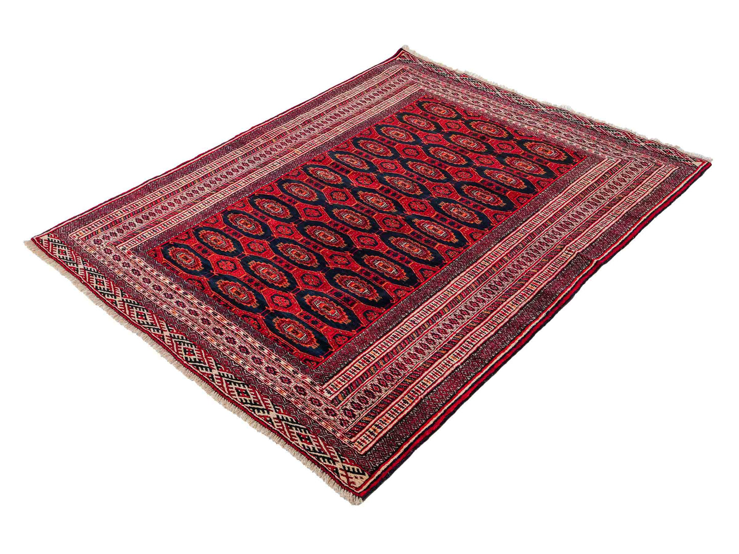 Feiner, handgeknüpfter Afghan Mauri Wollteppich von Khademi. Größe: 177 x 133 cm. Farbe: Rot, blau, cremeweiß. Verkauf durch JUPITER Intl.