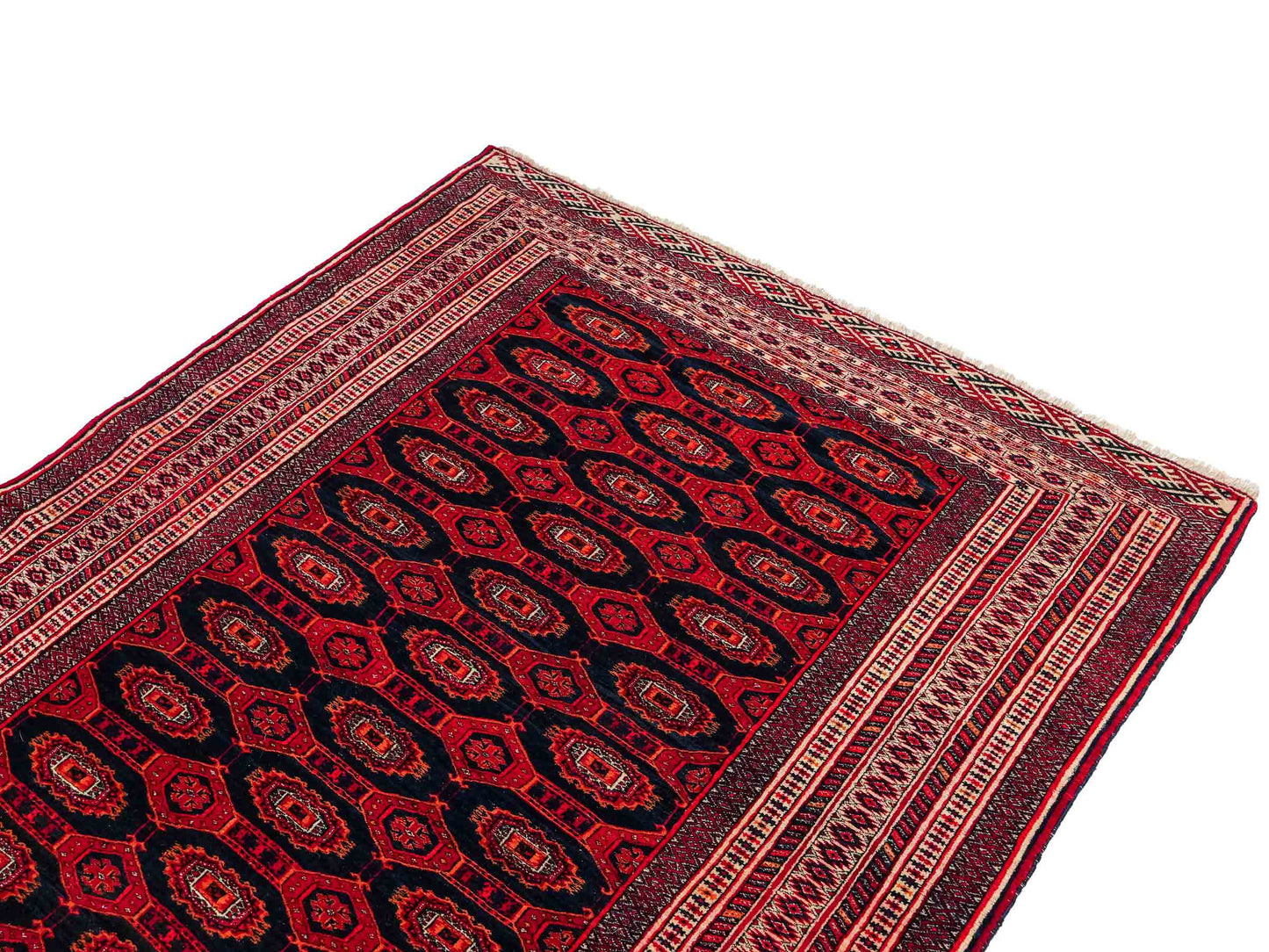 Feiner, handgeknüpfter Afghan Mauri Wollteppich von Khademi. Größe: 177 x 133 cm. Farbe: Rot, blau, cremeweiß. Verkauf durch JUPITER Intl.