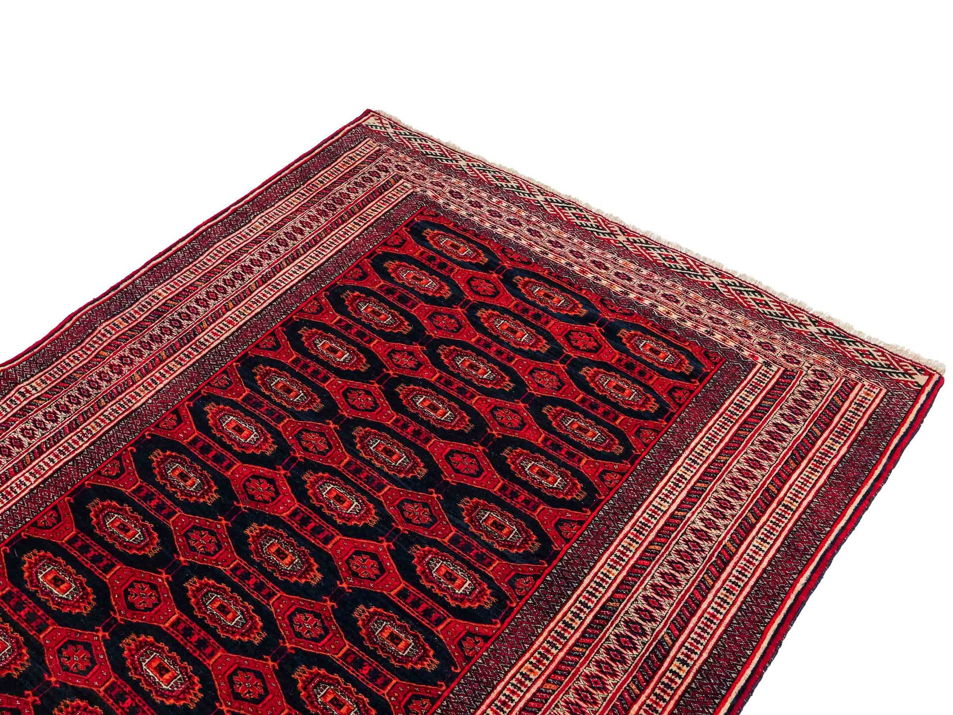 Feiner, handgeknüpfter Afghan Mauri Wollteppich von Khademi. Größe: 177 x 133 cm. Farbe: Rot, blau, cremeweiß. Verkauf durch JUPITER Intl.