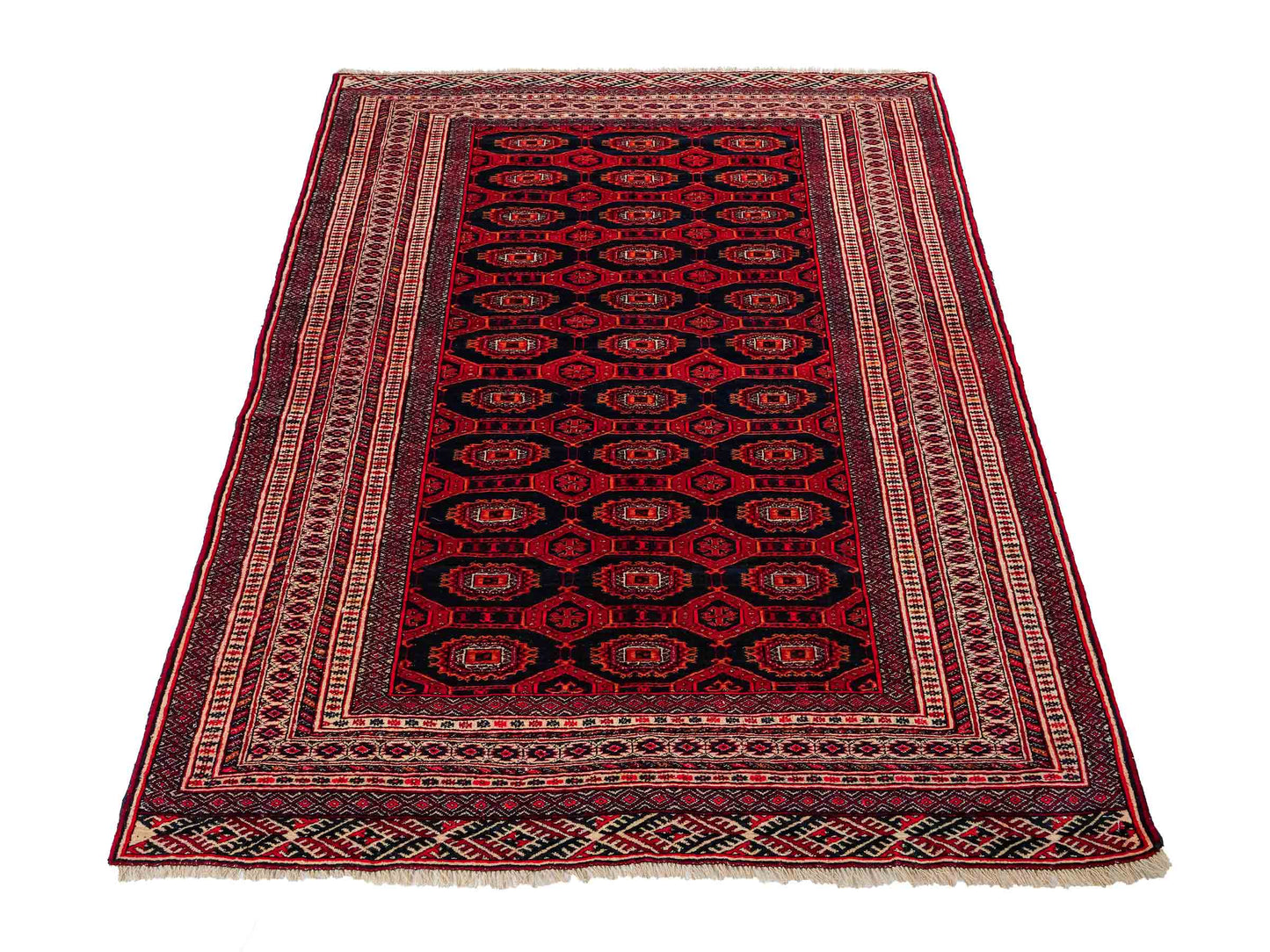 Feiner, handgeknüpfter Afghan Mauri Wollteppich von Khademi. Größe: 177 x 133 cm. Farbe: Rot, blau, cremeweiß. Verkauf durch JUPITER Intl.