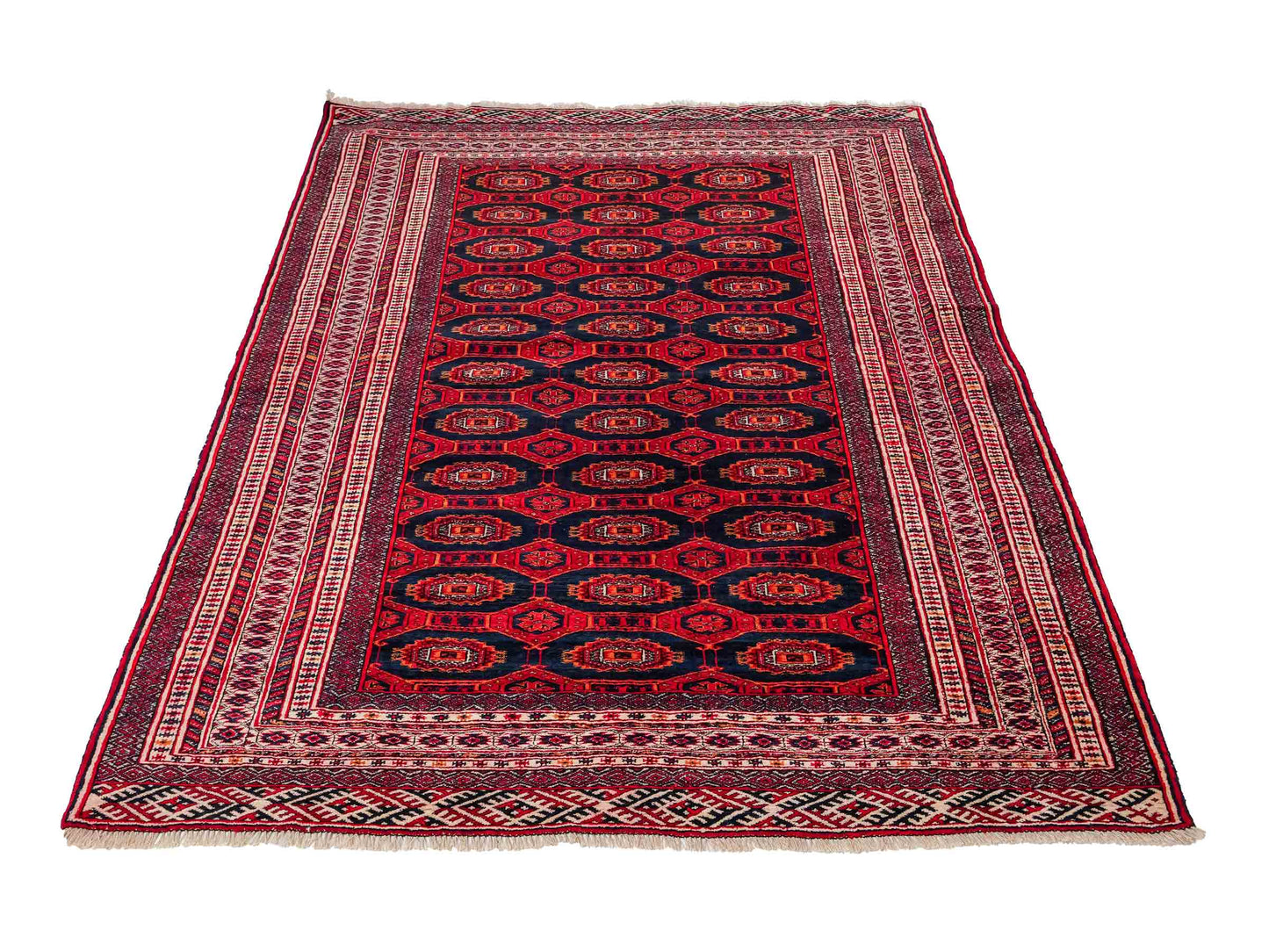 Feiner, handgeknüpfter Afghan Mauri Wollteppich von Khademi. Größe: 177 x 133 cm. Farbe: Rot, blau, cremeweiß. Verkauf durch JUPITER Intl.