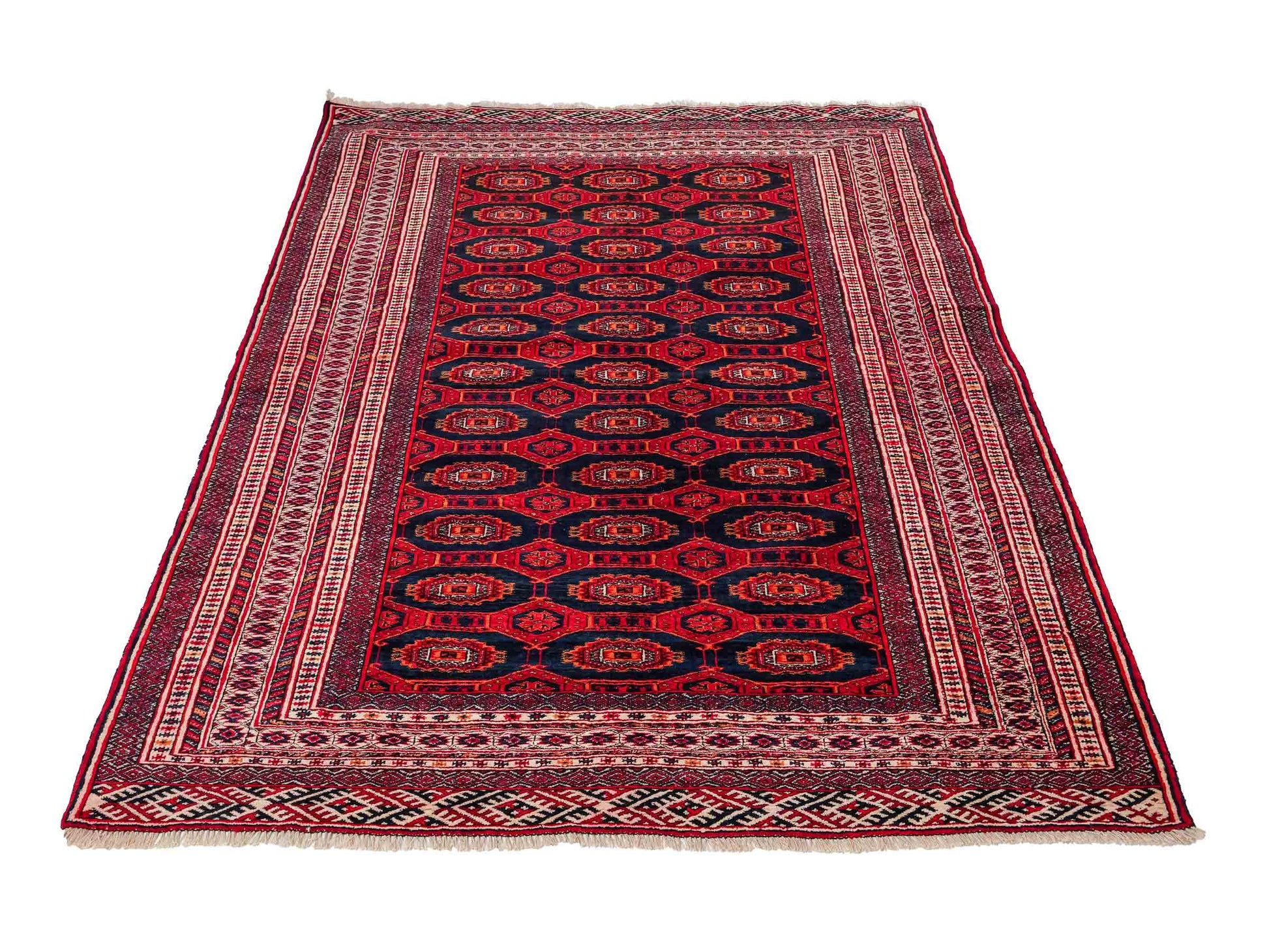 Feiner, handgeknüpfter Afghan Mauri Wollteppich von Khademi. Größe: 177 x 133 cm. Farbe: Rot, blau, cremeweiß. Verkauf durch JUPITER Intl.