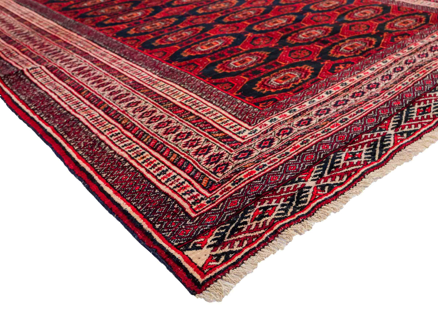 Feiner, handgeknüpfter Afghan Mauri Wollteppich von Khademi. Größe: 177 x 133 cm. Farbe: Rot, blau, cremeweiß. Verkauf durch JUPITER Intl.