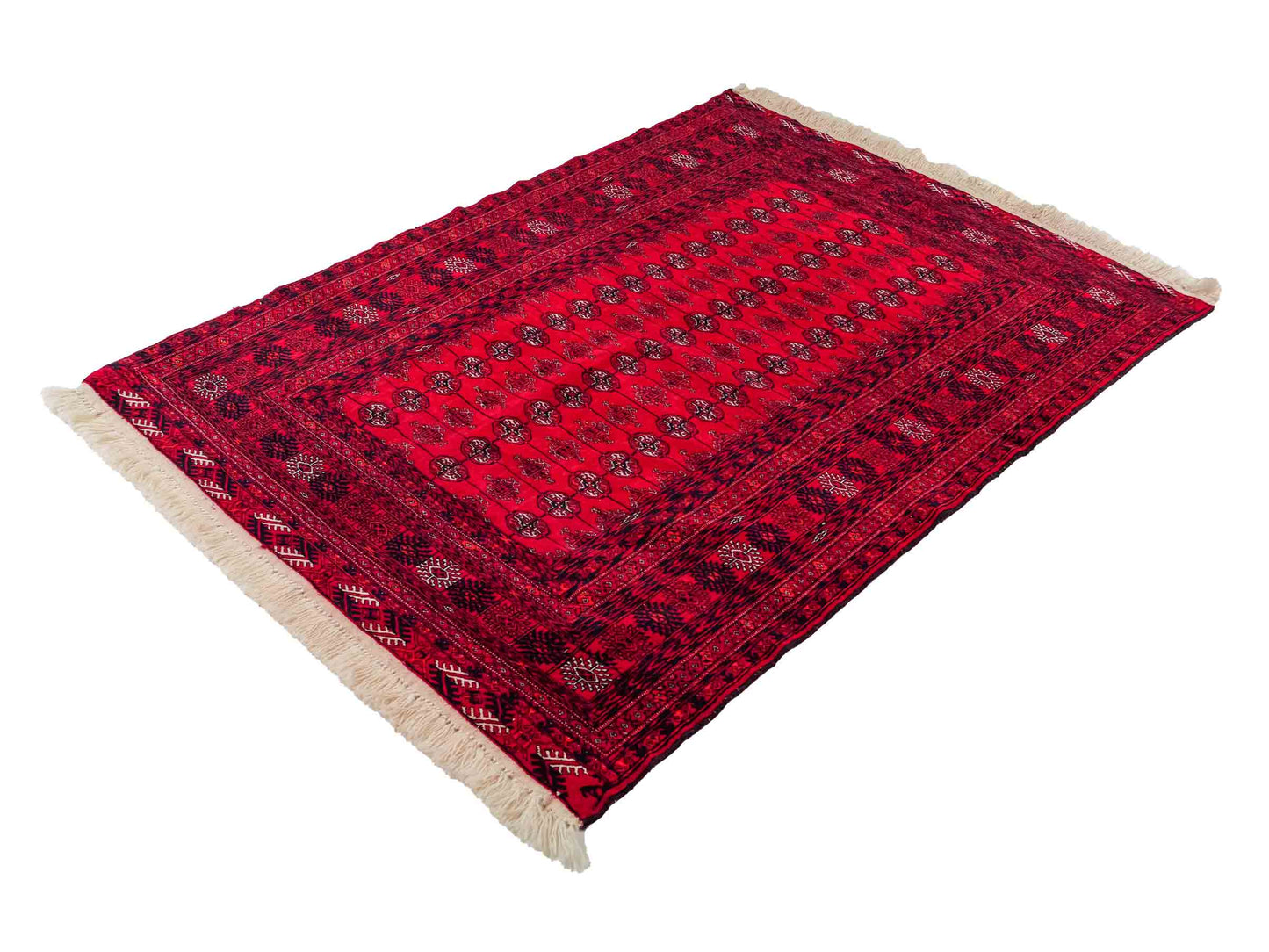Feiner, handgeknüpfter Afghan Mauri Wollteppich von Khademi. Größe: 180 x 137 cm. Farbe: Rot, blau. Verkauf durch JUPITER Intl.
