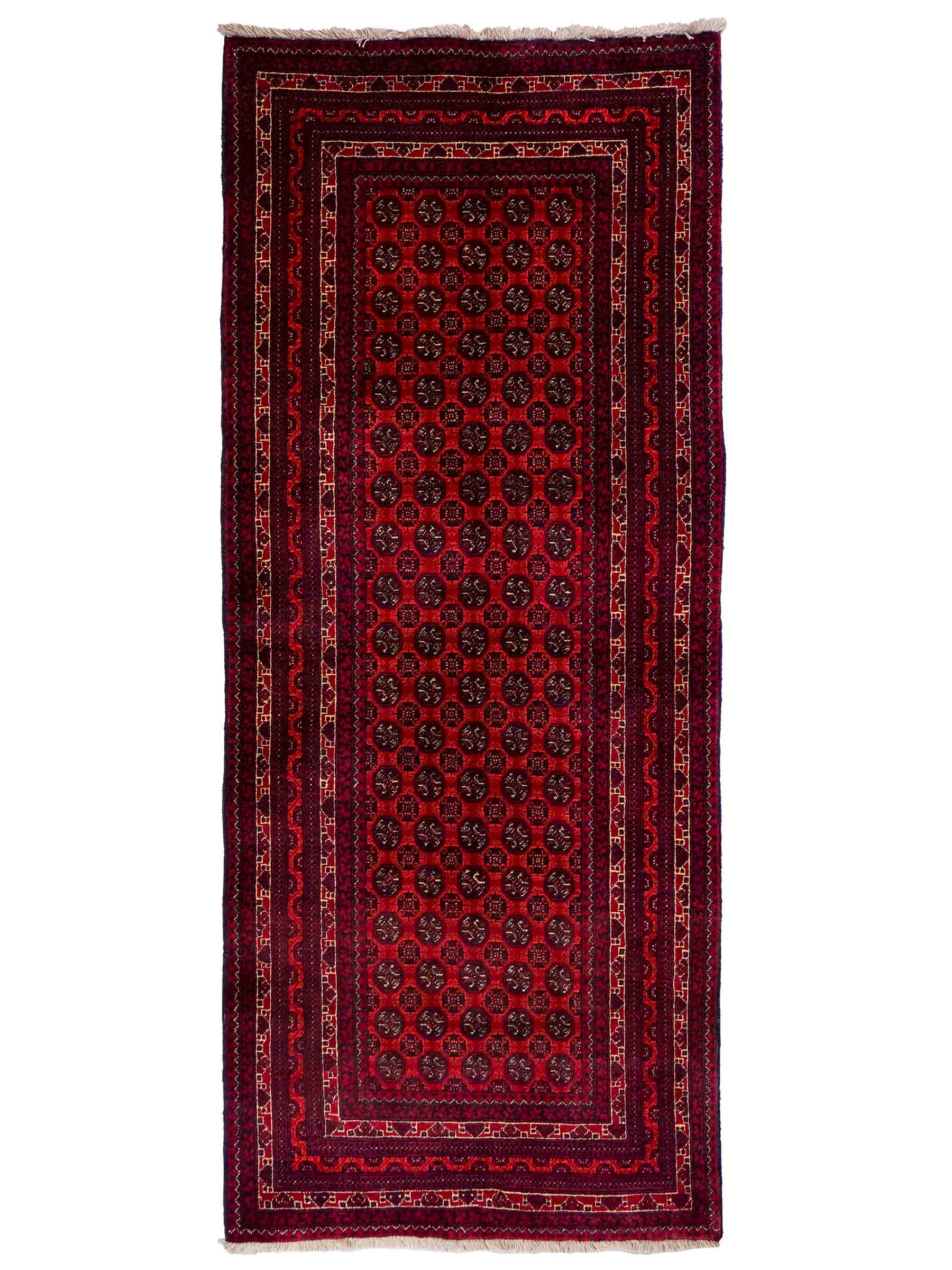 Feiner, handgeknüpfter Afghan Mauri Wollteppich von Khademi. Größe: 196 x 79 cm. Farbe: Rot, blau. Verkauf durch JUPITER Intl.