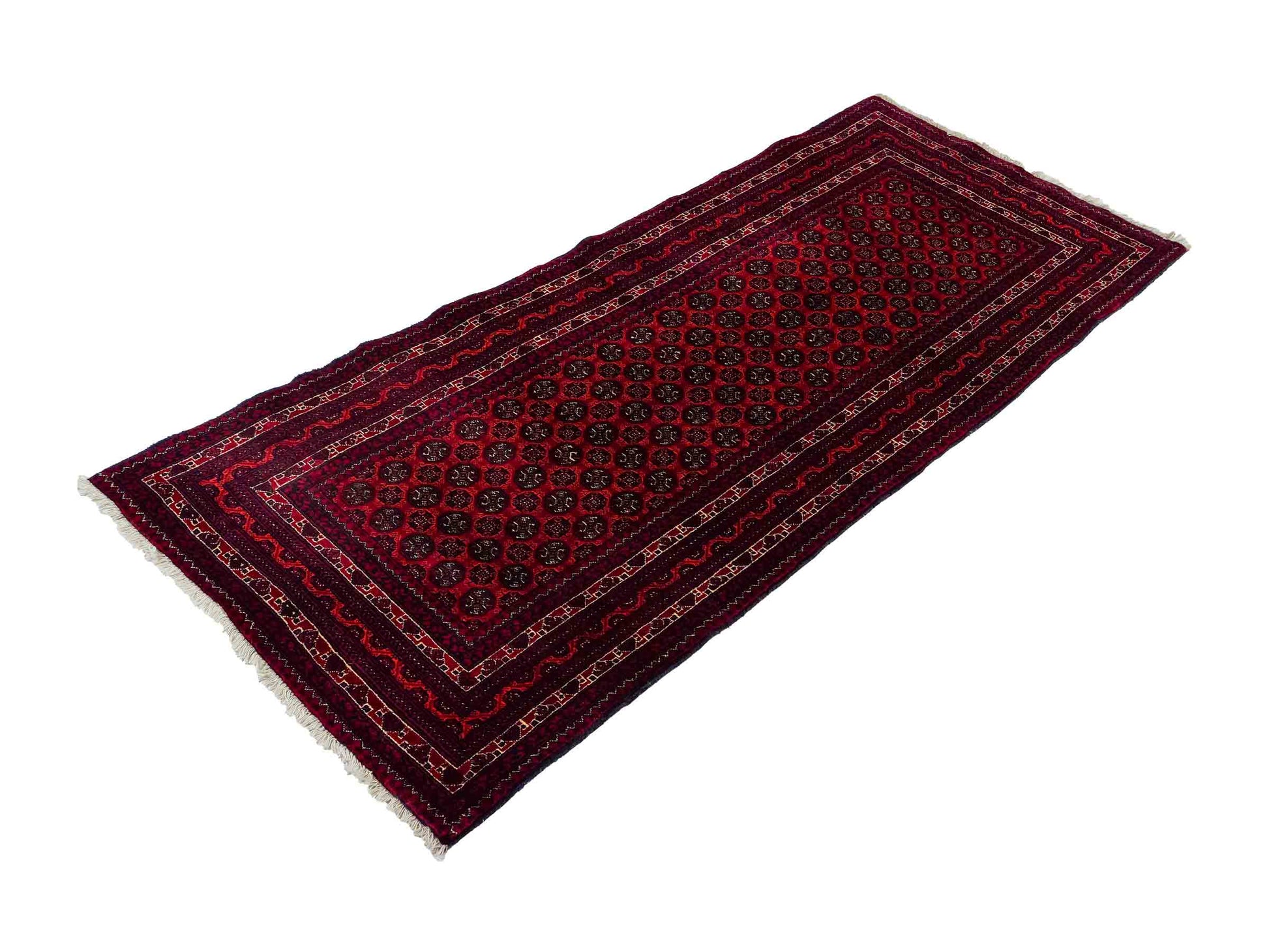 Feiner, handgeknüpfter Afghan Mauri Wollteppich von Khademi. Größe: 196 x 79 cm. Farbe: Rot, blau. Verkauf durch JUPITER Intl.