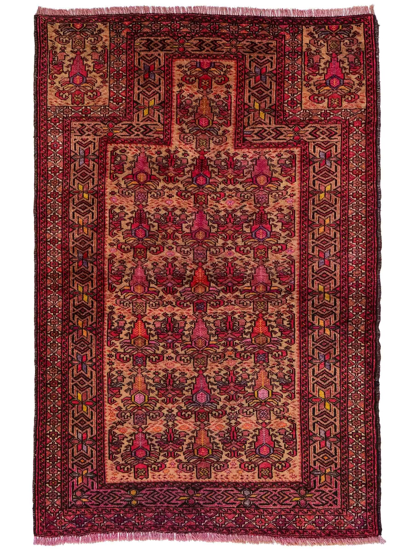 Feiner, handgeknüpfter Afghan Wollteppich von Khademi. Größe: 143 x 105 cm. Farbe: Cremeweiß, beige, rosa, lila. Verkauf durch JUPITER Intl.