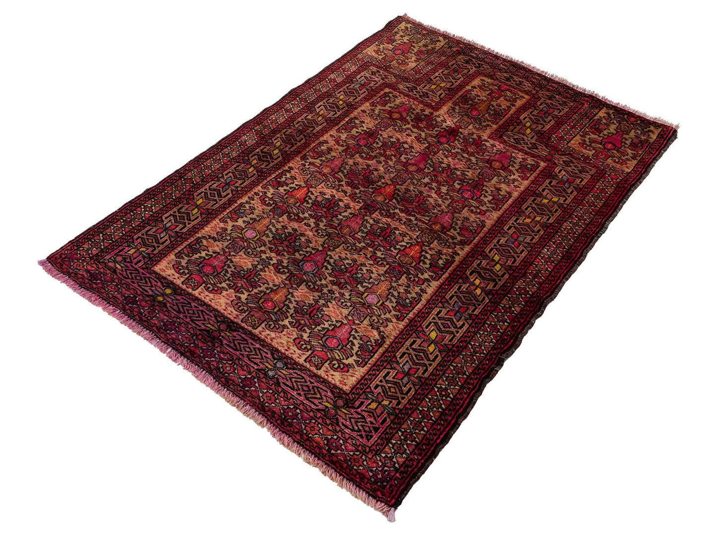 Feiner, handgeknüpfter Afghan Wollteppich von Khademi. Größe: 143 x 105 cm. Farbe: Cremeweiß, beige, rosa, lila. Verkauf durch JUPITER Intl.