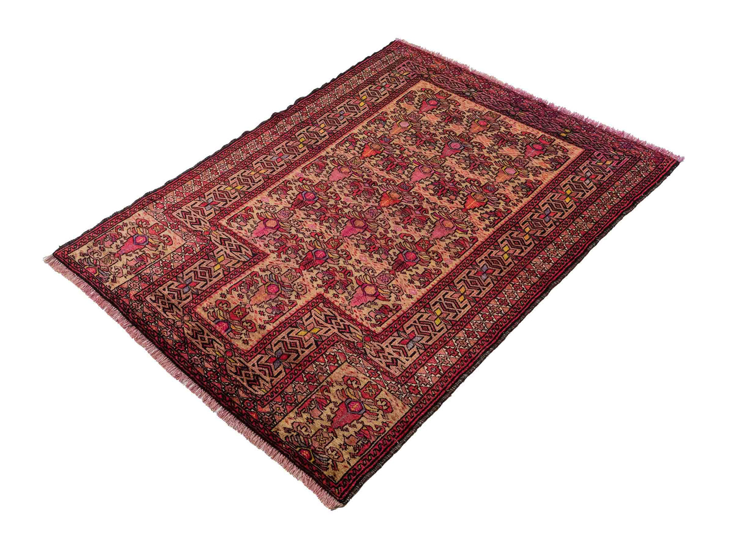Feiner, handgeknüpfter Afghan Wollteppich von Khademi. Größe: 143 x 105 cm. Farbe: Cremeweiß, beige, rosa, lila. Verkauf durch JUPITER Intl.