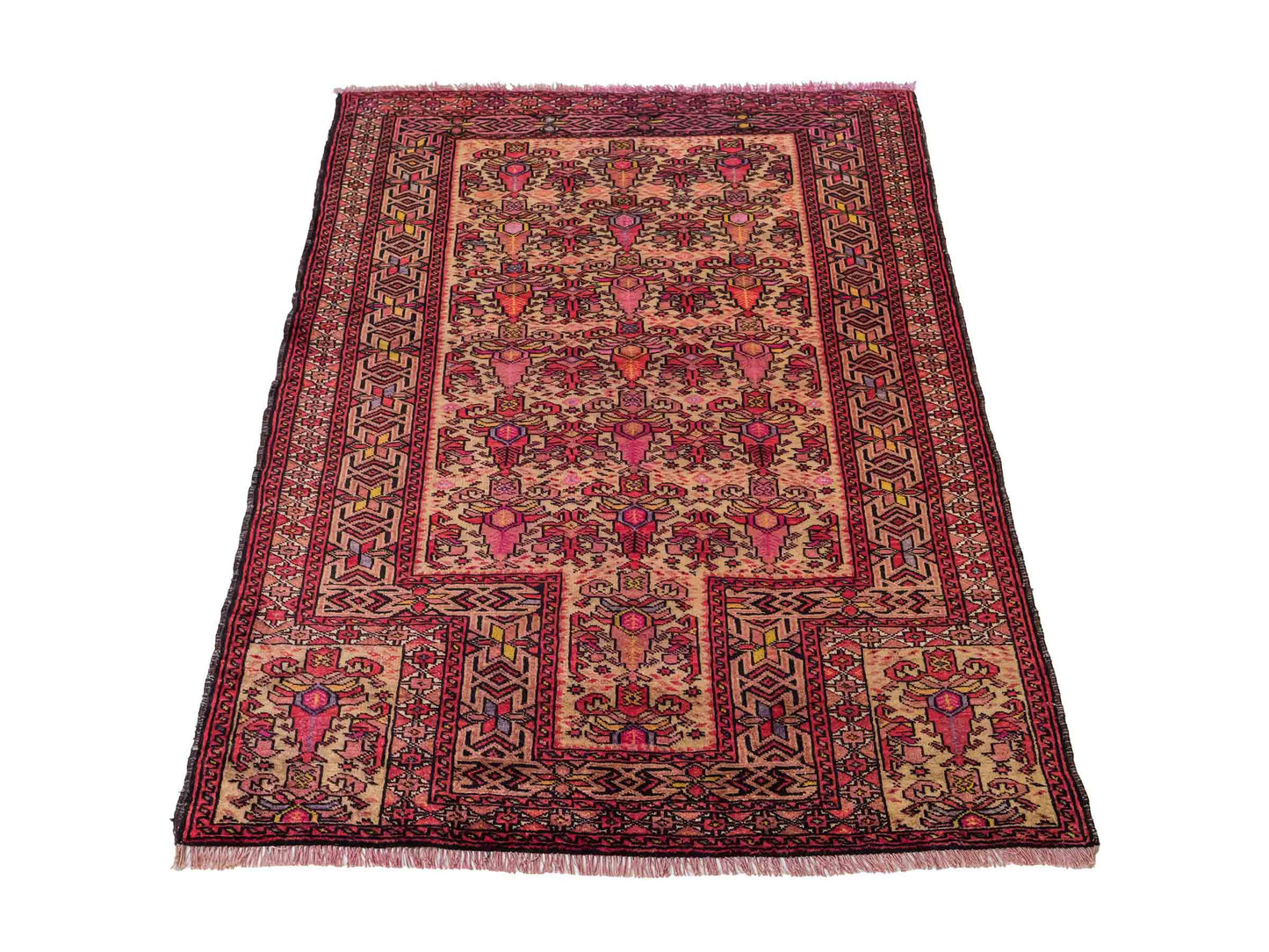 Feiner, handgeknüpfter Afghan Wollteppich von Khademi. Größe: 143 x 105 cm. Farbe: Cremeweiß, beige, rosa, lila. Verkauf durch JUPITER Intl.