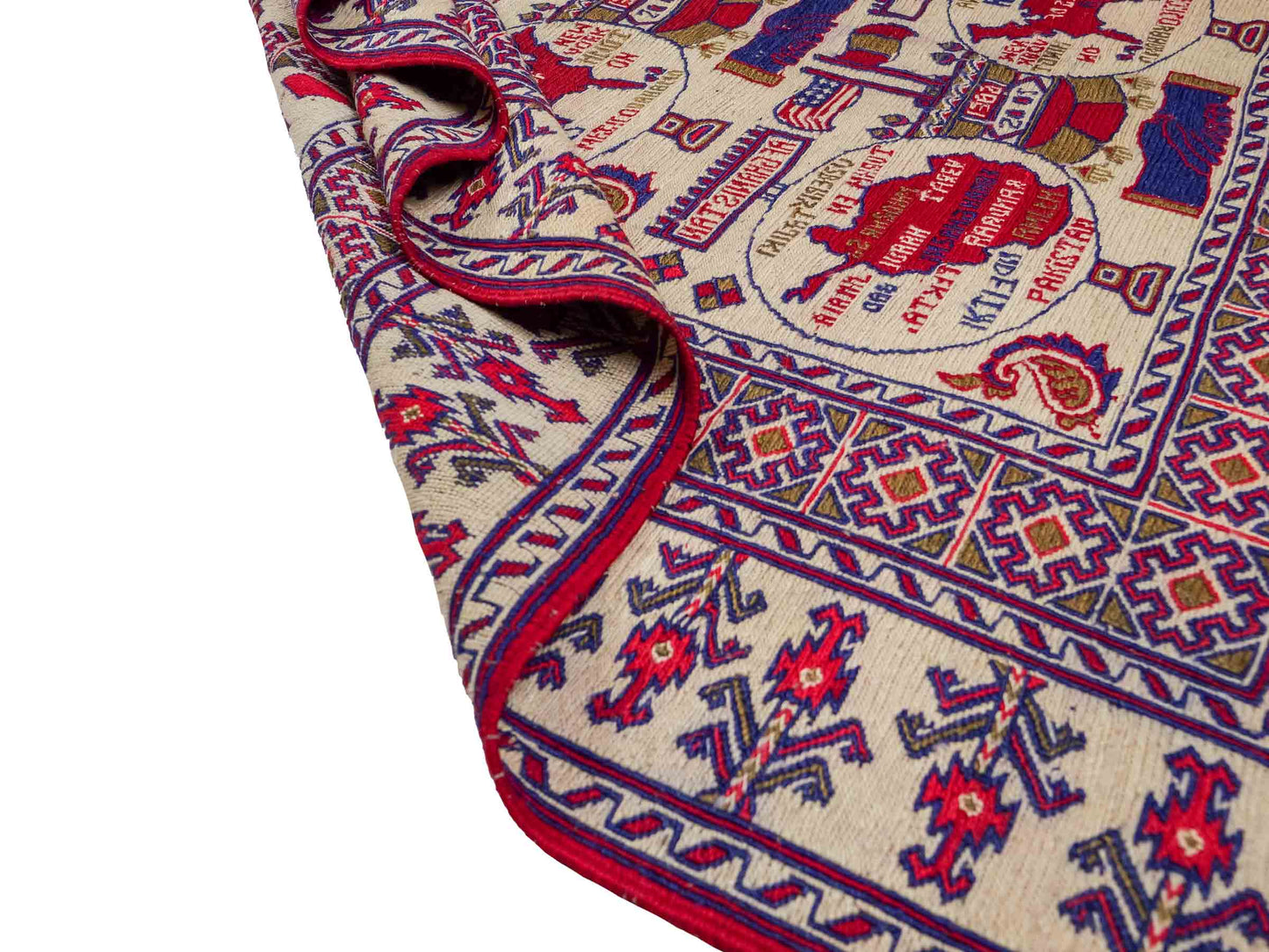 Feiner, handgeknüpfter Afghan Wollteppich von Khademi. Größe: 172 x 137 cm. Farbe: Cremeweiß, blau, rot. Verkauf durch JUPITER Intl.