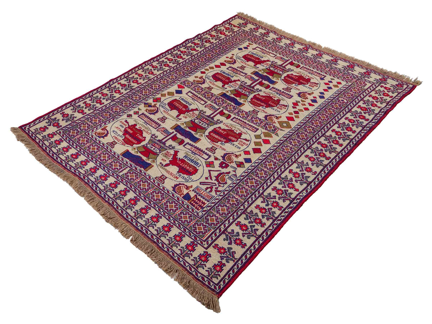 Feiner, handgeknüpfter Afghan Wollteppich von Khademi. Größe: 172 x 137 cm. Farbe: Cremeweiß, blau, rot. Verkauf durch JUPITER Intl.