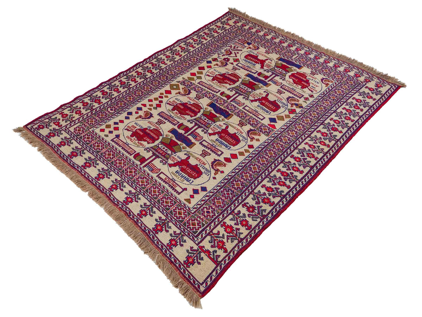 Feiner, handgeknüpfter Afghan Wollteppich von Khademi. Größe: 172 x 137 cm. Farbe: Cremeweiß, blau, rot. Verkauf durch JUPITER Intl.