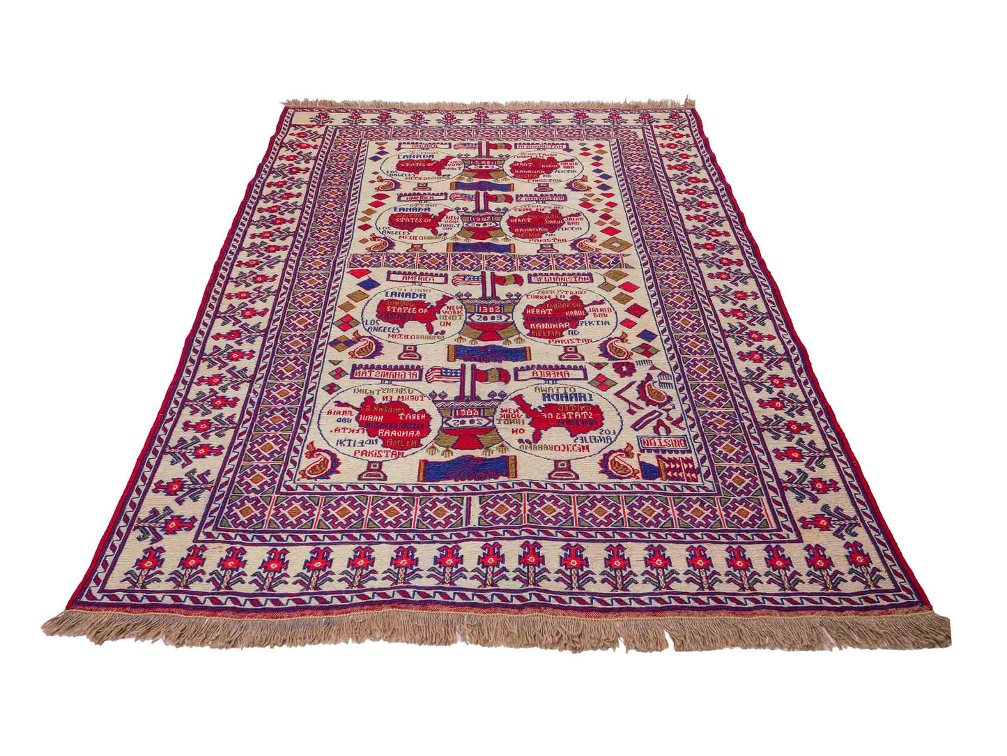 Feiner, handgeknüpfter Afghan Wollteppich von Khademi. Größe: 172 x 137 cm. Farbe: Cremeweiß, blau, rot. Verkauf durch JUPITER Intl.