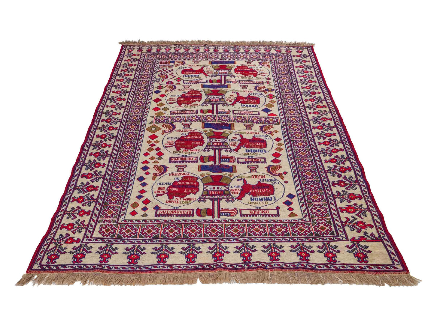 Feiner, handgeknüpfter Afghan Wollteppich von Khademi. Größe: 172 x 137 cm. Farbe: Cremeweiß, blau, rot. Verkauf durch JUPITER Intl.