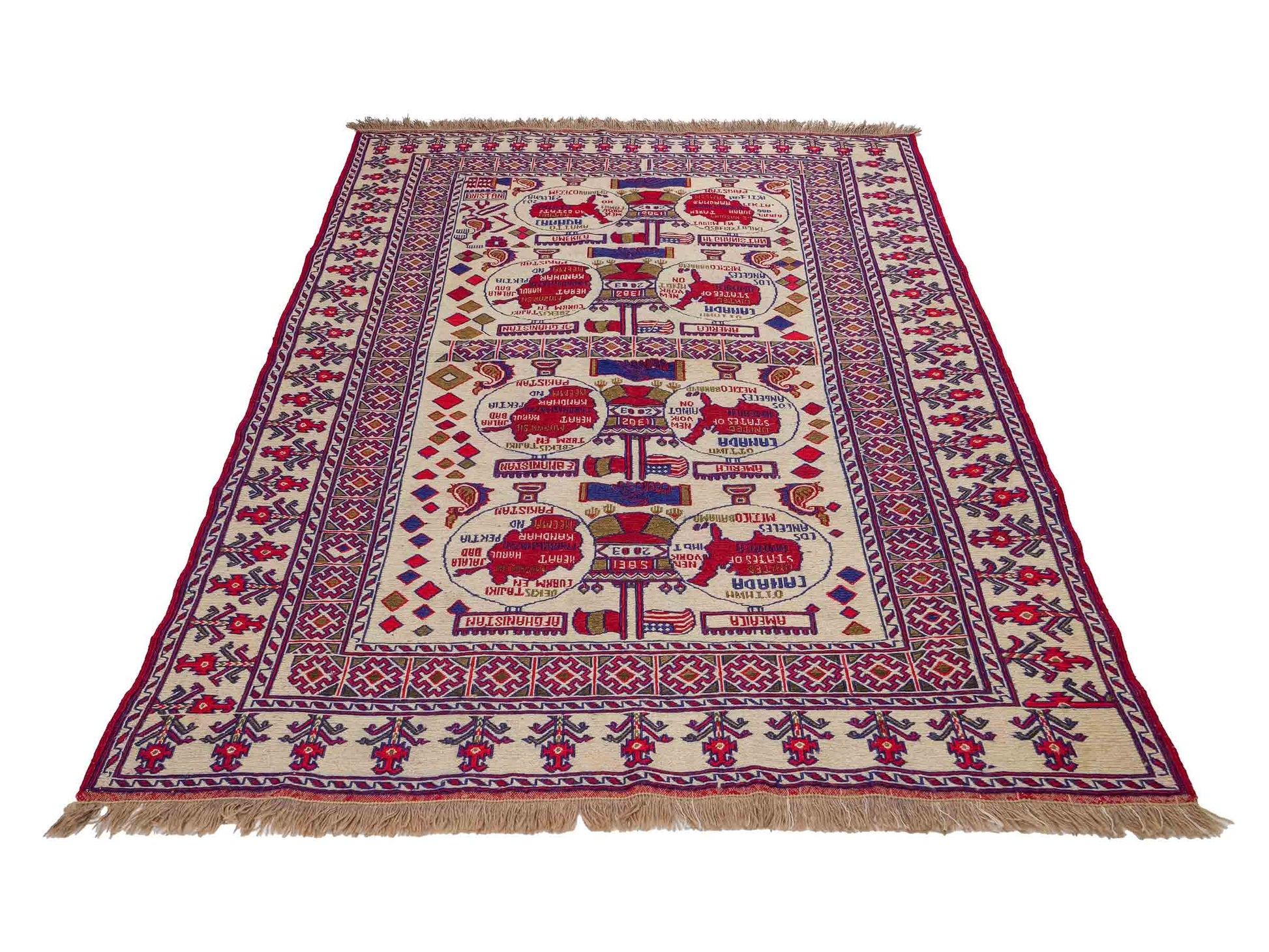 Feiner, handgeknüpfter Afghan Wollteppich von Khademi. Größe: 172 x 137 cm. Farbe: Cremeweiß, blau, rot. Verkauf durch JUPITER Intl.