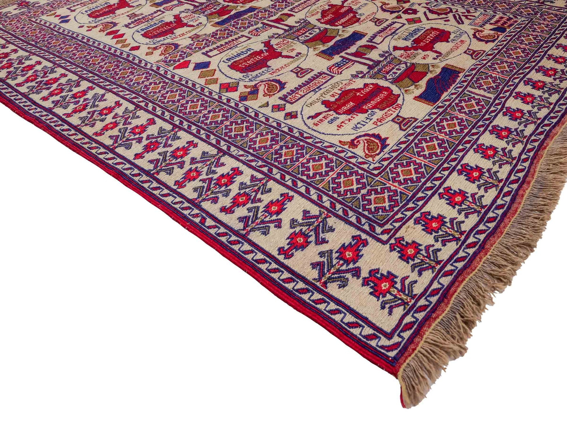 Feiner, handgeknüpfter Afghan Wollteppich von Khademi. Größe: 172 x 137 cm. Farbe: Cremeweiß, blau, rot. Verkauf durch JUPITER Intl.