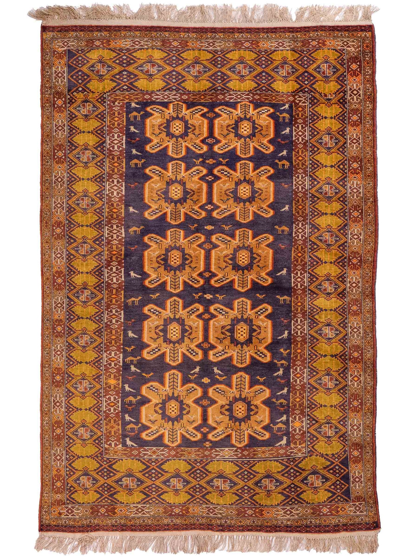 Feiner, handgeknüpfter Afghan Wollteppich mit Seidenkette von Khademi. Größe: 175 x 108 cm. Farbe: Gold, blau. Verkauf durch JUPITER Intl.