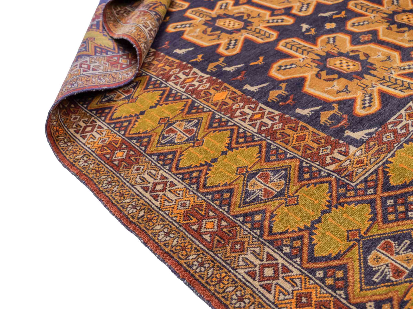Feiner, handgeknüpfter Afghan Wollteppich mit Seidenkette von Khademi. Größe: 175 x 108 cm. Farbe: Gold, blau. Verkauf durch JUPITER Intl.