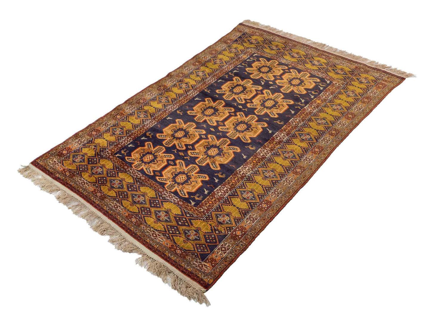 Feiner, handgeknüpfter Afghan Wollteppich mit Seidenkette von Khademi. Größe: 175 x 108 cm. Farbe: Gold, blau. Verkauf durch JUPITER Intl.