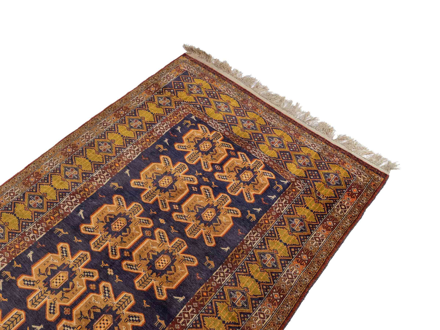Feiner, handgeknüpfter Afghan Wollteppich mit Seidenkette von Khademi. Größe: 175 x 108 cm. Farbe: Gold, blau. Verkauf durch JUPITER Intl.