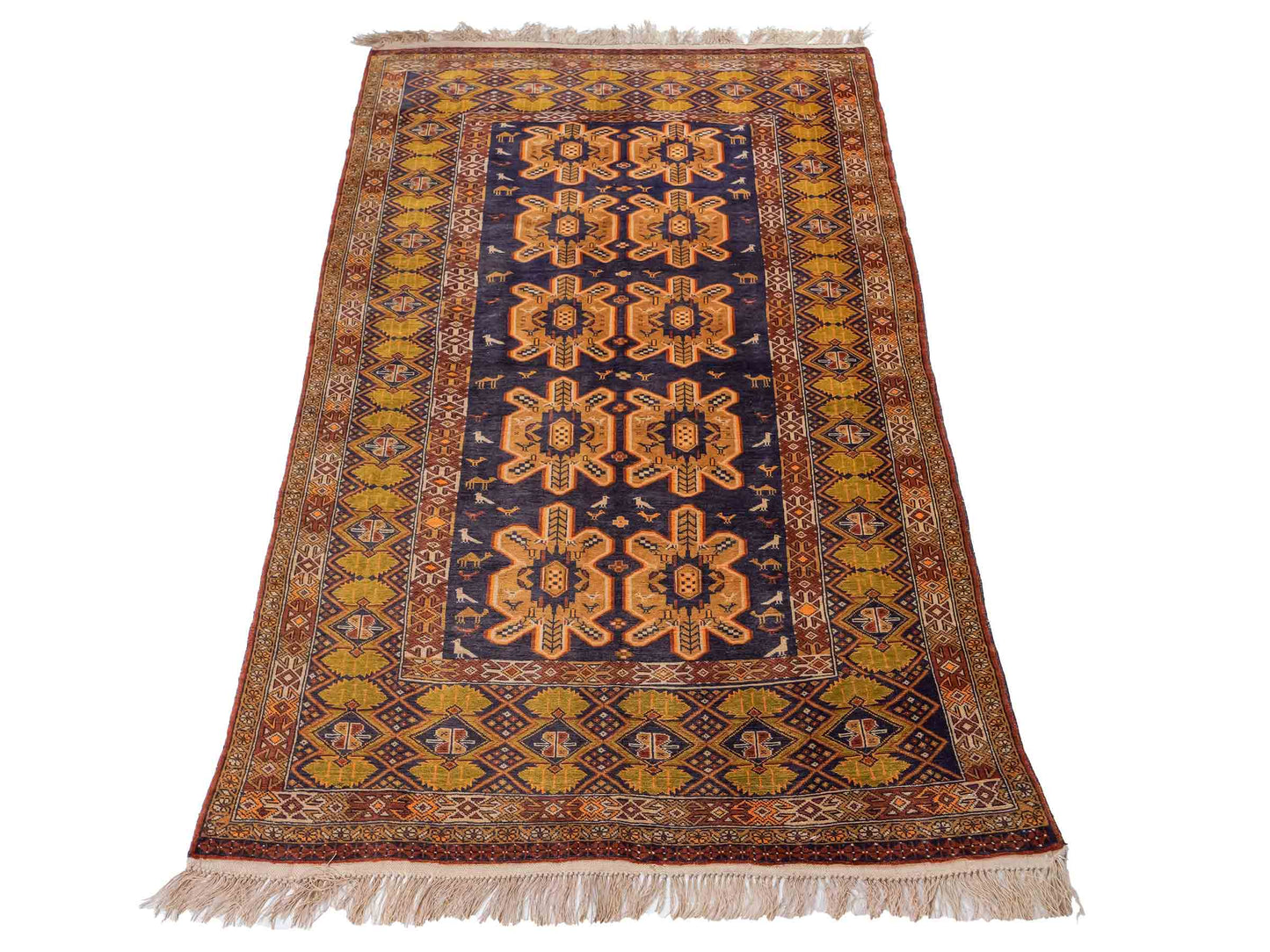 Feiner, handgeknüpfter Afghan Wollteppich mit Seidenkette von Khademi. Größe: 175 x 108 cm. Farbe: Gold, blau. Verkauf durch JUPITER Intl.