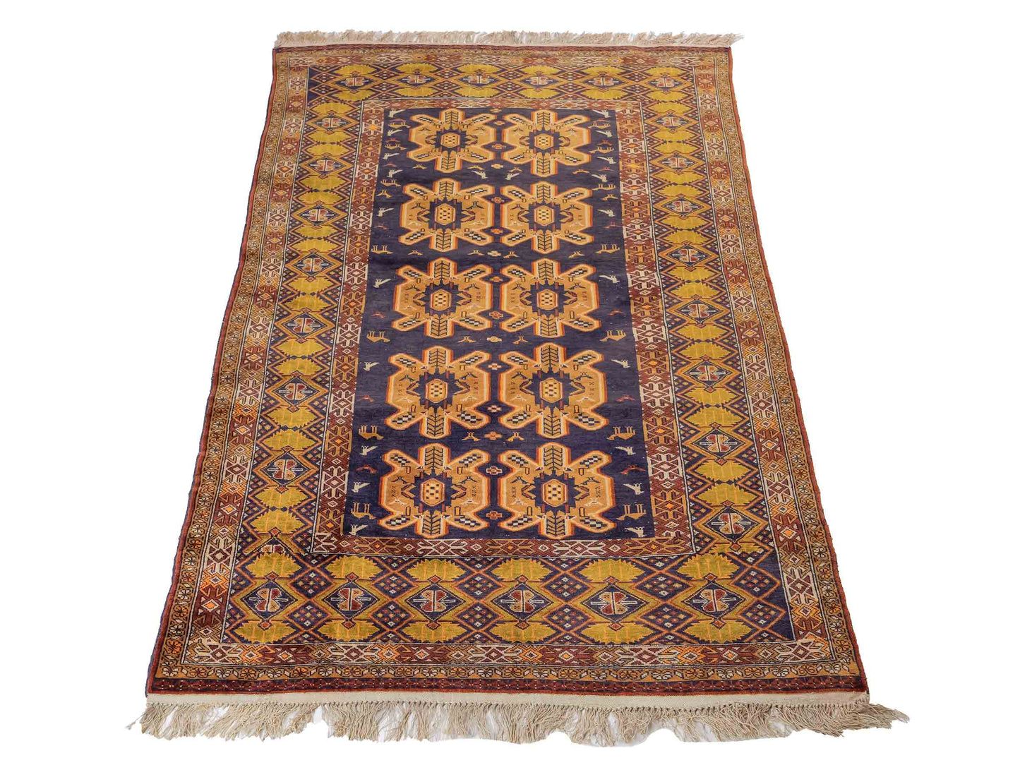 Feiner, handgeknüpfter Afghan Wollteppich mit Seidenkette von Khademi. Größe: 175 x 108 cm. Farbe: Gold, blau. Verkauf durch JUPITER Intl.