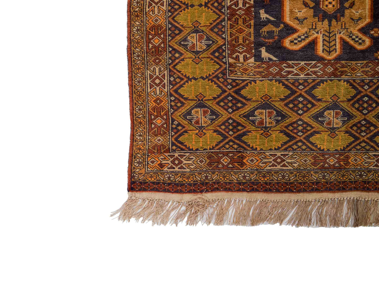 Feiner, handgeknüpfter Afghan Wollteppich mit Seidenkette von Khademi. Größe: 175 x 108 cm. Farbe: Gold, blau. Verkauf durch JUPITER Intl.