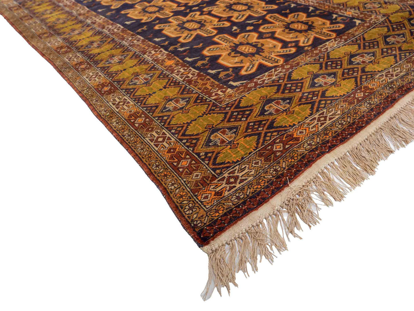 Feiner, handgeknüpfter Afghan Wollteppich mit Seidenkette von Khademi. Größe: 175 x 108 cm. Farbe: Gold, blau. Verkauf durch JUPITER Intl.
