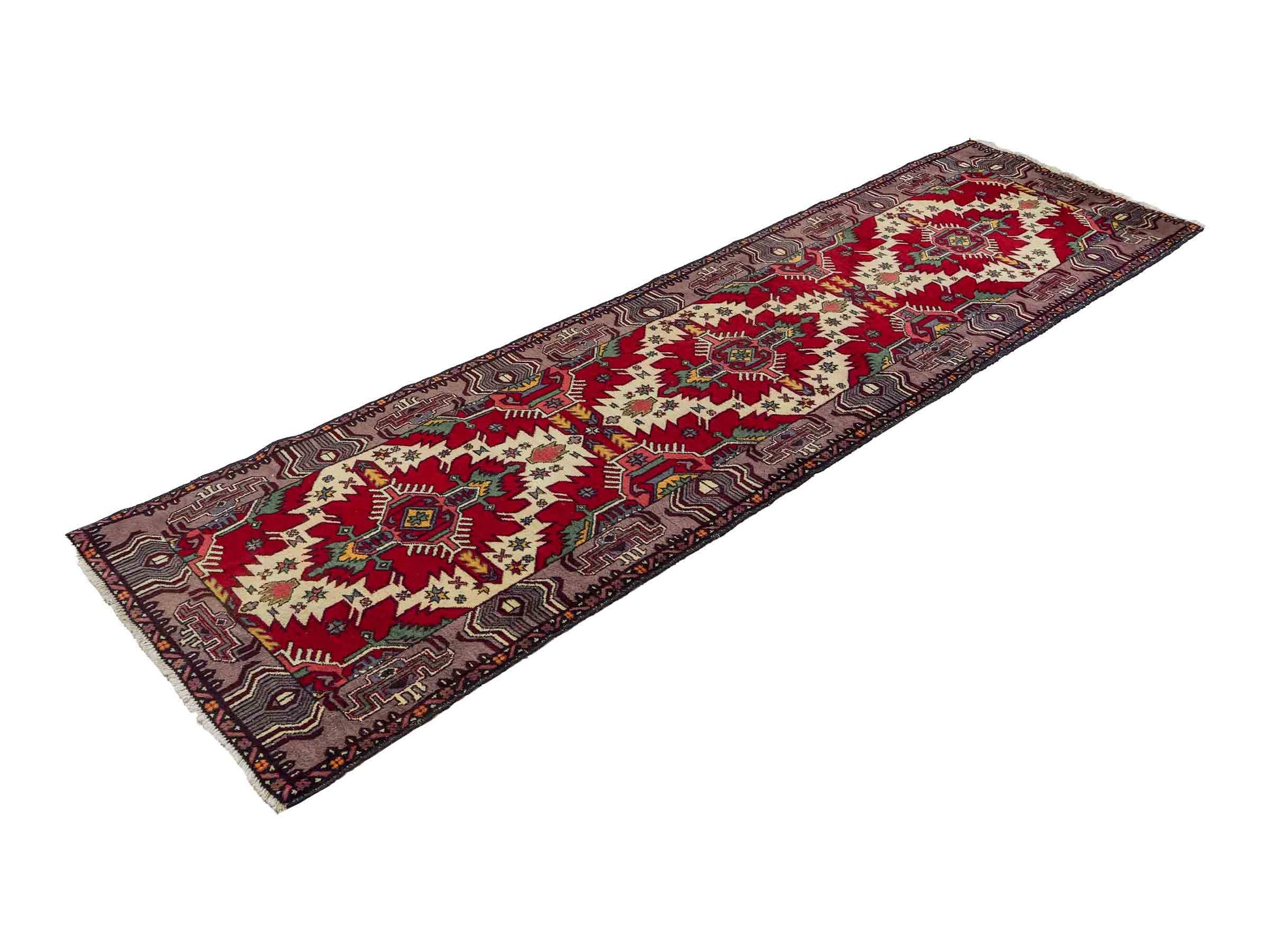 Feiner, handgeknüpfter Afghan Wollteppich von Khademi. Größe: 288 x 80 cm. Farbe: Rot, cremeweiß. Verkauf durch JUPITER Intl.