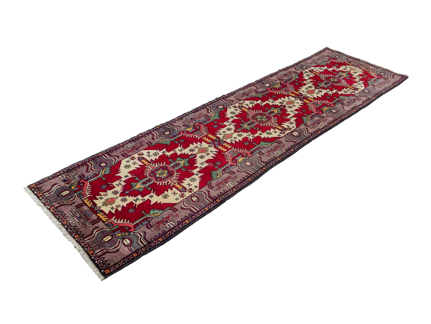 Feiner, handgeknüpfter Afghan Wollteppich von Khademi. Größe: 288 x 80 cm. Farbe: Rot, cremeweiß. Verkauf durch JUPITER Intl.