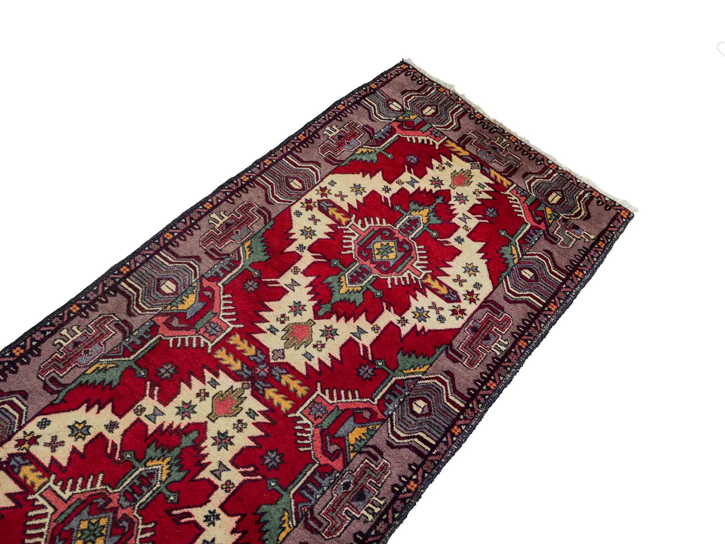 Feiner, handgeknüpfter Afghan Wollteppich von Khademi. Größe: 288 x 80 cm. Farbe: Rot, cremeweiß. Verkauf durch JUPITER Intl.