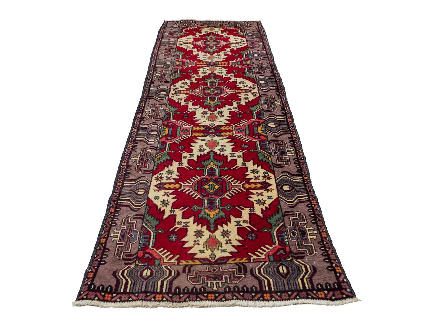 Feiner, handgeknüpfter Afghan Wollteppich von Khademi. Größe: 288 x 80 cm. Farbe: Rot, cremeweiß. Verkauf durch JUPITER Intl.