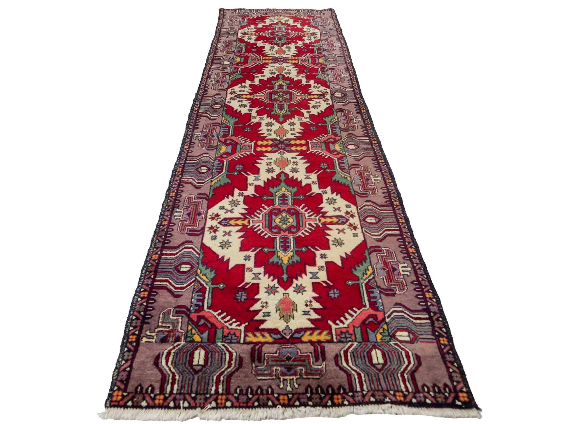 Feiner, handgeknüpfter Afghan Wollteppich von Khademi. Größe: 288 x 80 cm. Farbe: Rot, cremeweiß. Verkauf durch JUPITER Intl.