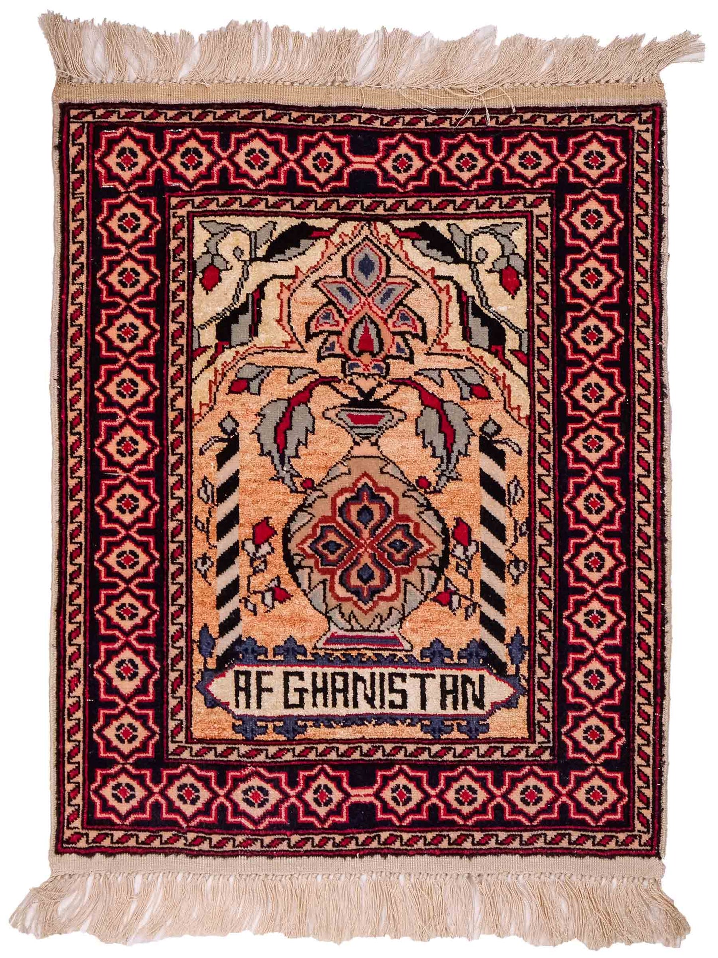 Feiner, handgeknüpfter Afghan Mauri Orientteppich aus Wolle mit Seide von Khademi. Farbe: Beige, gold, blau. Größe: 70 x 55 cm. Vertrieb durch JUPITER Intl.