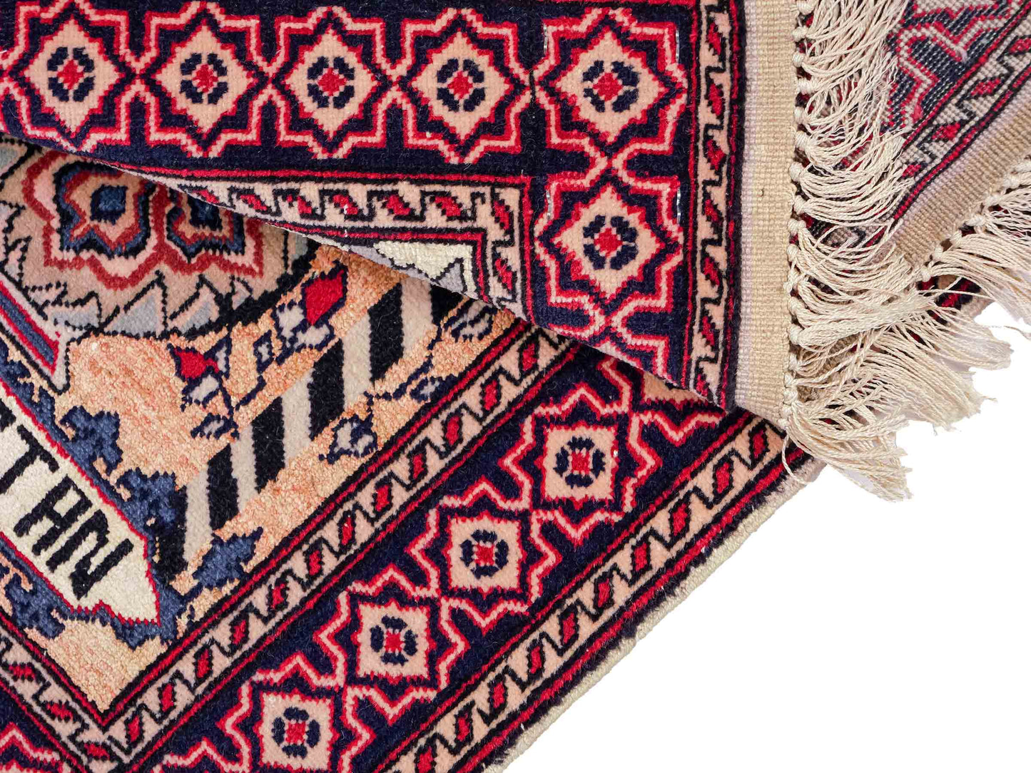 Feiner, handgeknüpfter Afghan Mauri Orientteppich aus Wolle mit Seide von Khademi. Farbe: Beige, gold, blau. Größe: 70 x 55 cm. Vertrieb durch JUPITER Intl.
