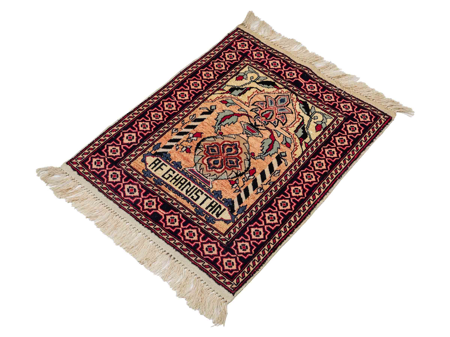 Feiner, handgeknüpfter Afghan Mauri Orientteppich aus Wolle mit Seide von Khademi. Farbe: Beige, gold, blau. Größe: 70 x 55 cm. Vertrieb durch JUPITER Intl.