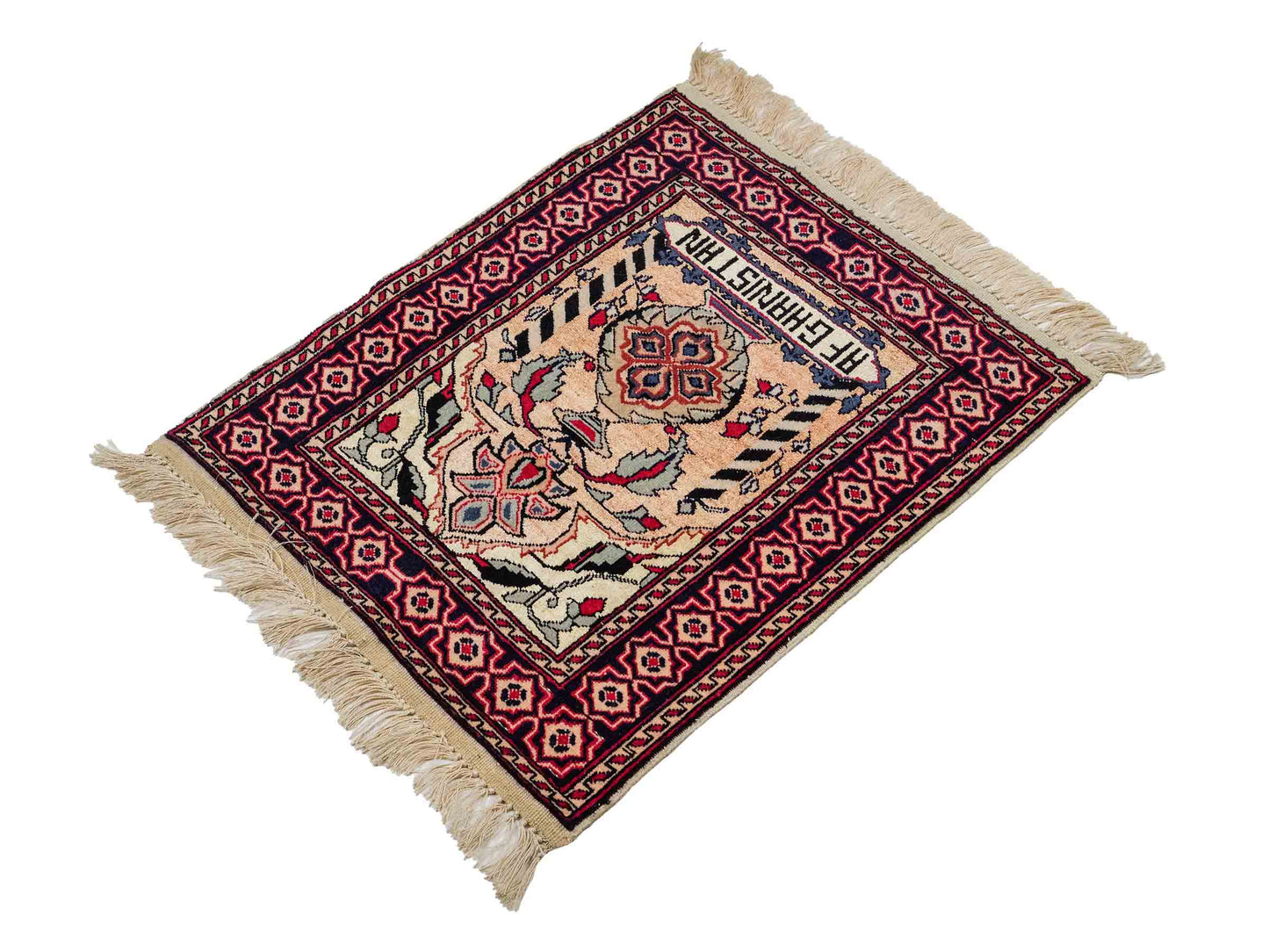 Feiner, handgeknüpfter Afghan Mauri Orientteppich aus Wolle mit Seide von Khademi. Farbe: Beige, gold, blau. Größe: 70 x 55 cm. Vertrieb durch JUPITER Intl.