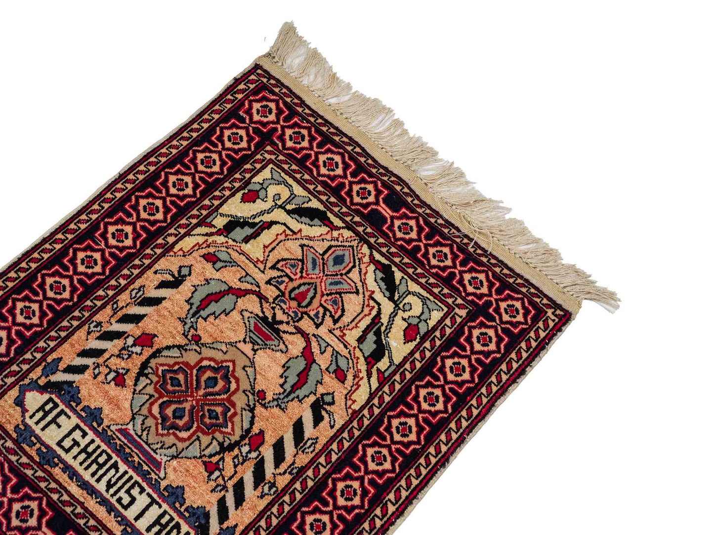 Feiner, handgeknüpfter Afghan Mauri Orientteppich aus Wolle mit Seide von Khademi. Farbe: Beige, gold, blau. Größe: 70 x 55 cm. Vertrieb durch JUPITER Intl.
