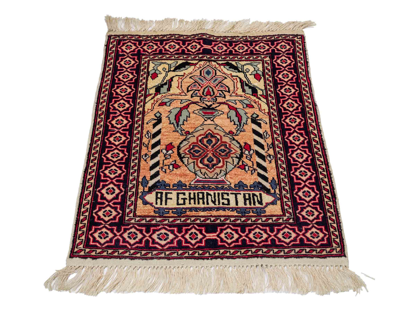 Feiner, handgeknüpfter Afghan Mauri Orientteppich aus Wolle mit Seide von Khademi. Farbe: Beige, gold, blau. Größe: 70 x 55 cm. Vertrieb durch JUPITER Intl.