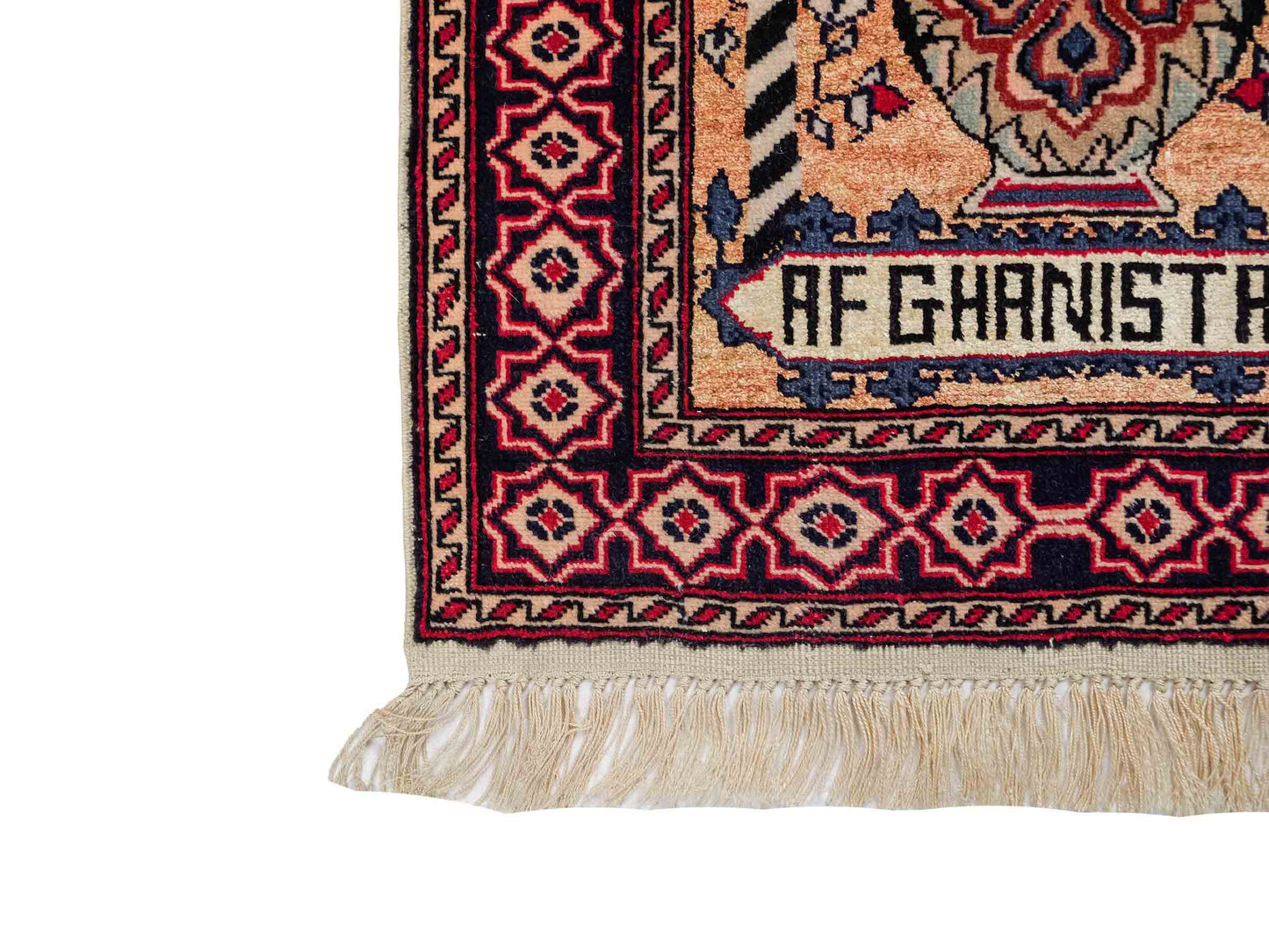 Feiner, handgeknüpfter Afghan Mauri Orientteppich aus Wolle mit Seide von Khademi. Farbe: Beige, gold, blau. Größe: 70 x 55 cm. Vertrieb durch JUPITER Intl.