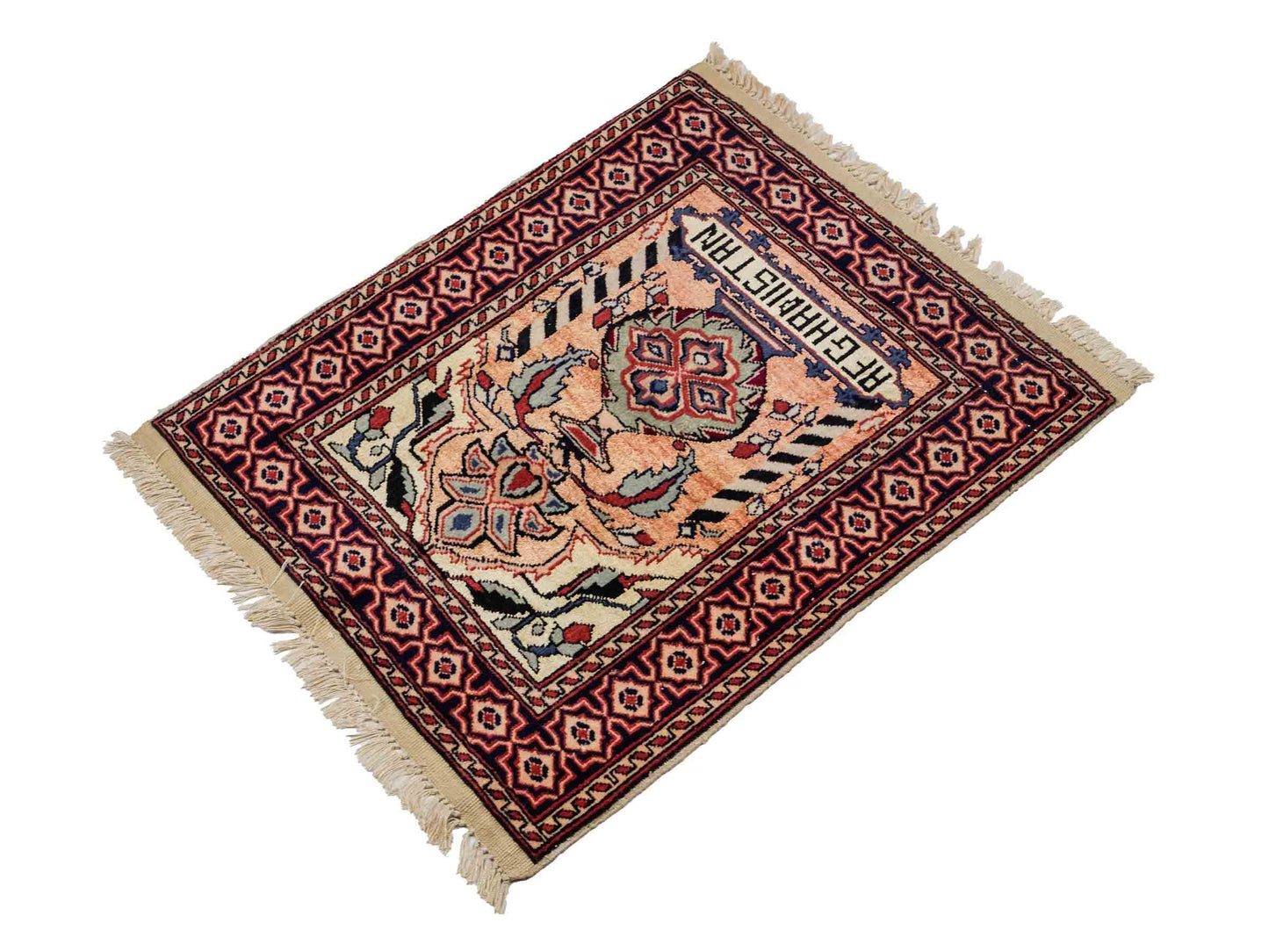 Feiner, handgeknüpfter Afghan Mauri Orientteppich aus Wolle mit Seide von Khademi. Farbe: Beige, gold, blau. Größe: 70 x 58 cm. Vertrieb durch JUPITER Intl.